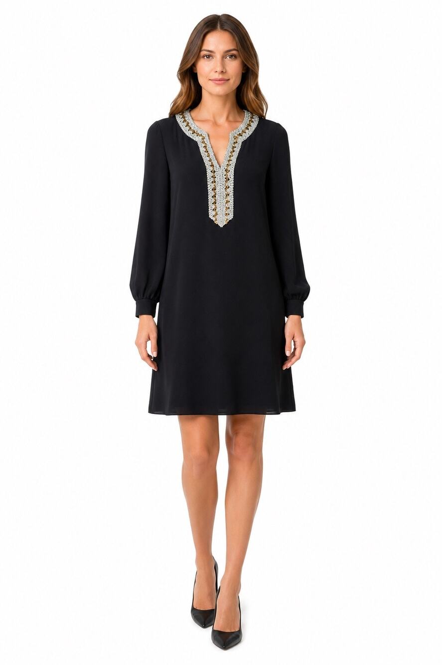 Vintage Black Silver Metallic Sequin Neck Shift A-Line Dress Cocktail  M